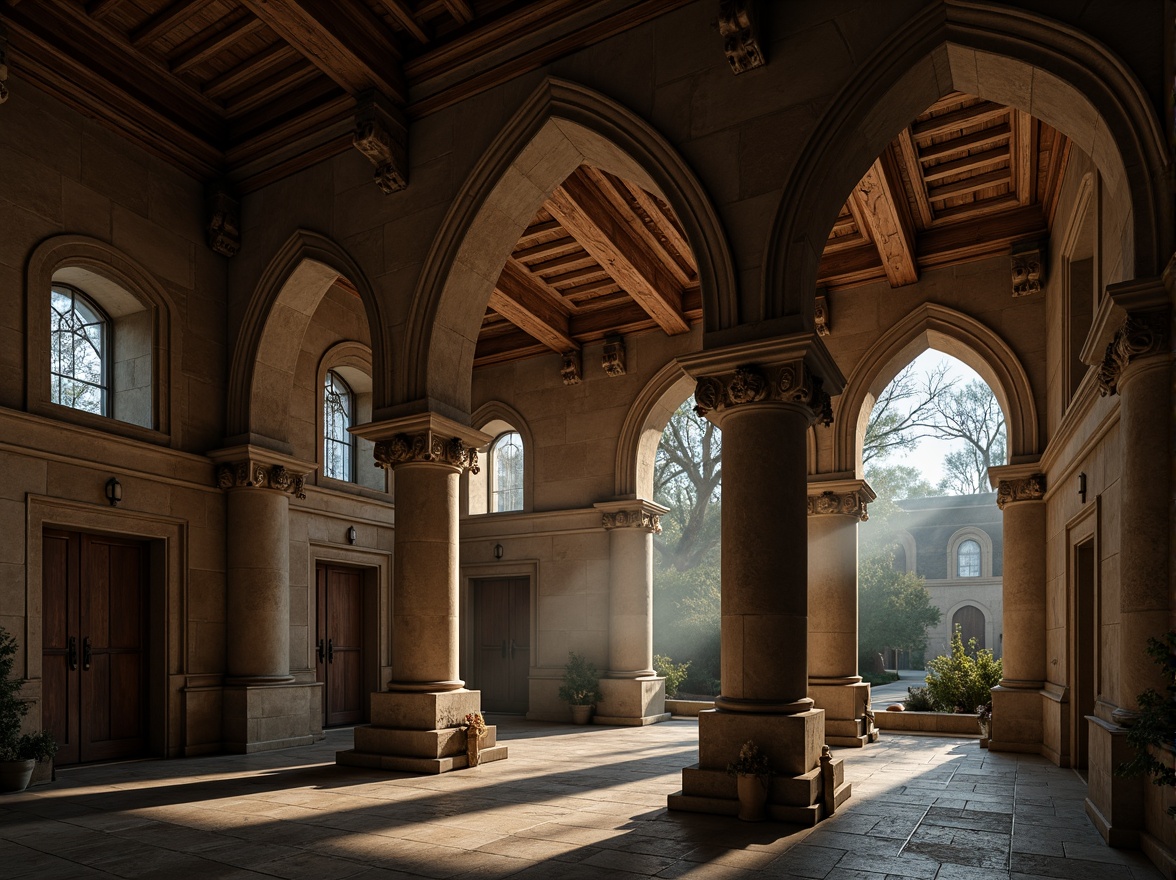 Prompt: Romanesque archways, rustic stone walls, ornate carvings, grand entranceways, Gothic-inspired ribbed vaults, majestic columns, decorative capitals, weathered wooden doors, stained glass windows, soft warm lighting, atmospheric fog, mysterious shadows, high-angle shot, 1/1 composition, detailed textures, ambient occlusion.Let me know if you need any adjustments!