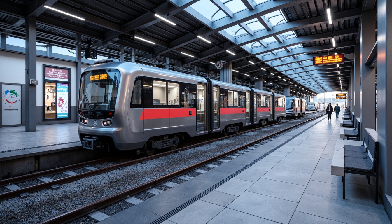 Prompt: Futuristic tram station, sleek metallic surfaces, neon-lit signage, LED displays, polished concrete floors, silver-toned steel beams, glass roofs, modern minimalist design, high-gloss finishes, dynamic lighting systems, digital information screens, advanced public art installations, stainless steel handrails, ergonomic seating areas, ambient noise reduction, natural ventilation systems, energy-efficient systems, smart glass technology, futuristic typography, vibrant color schemes, intricate pattern designs.