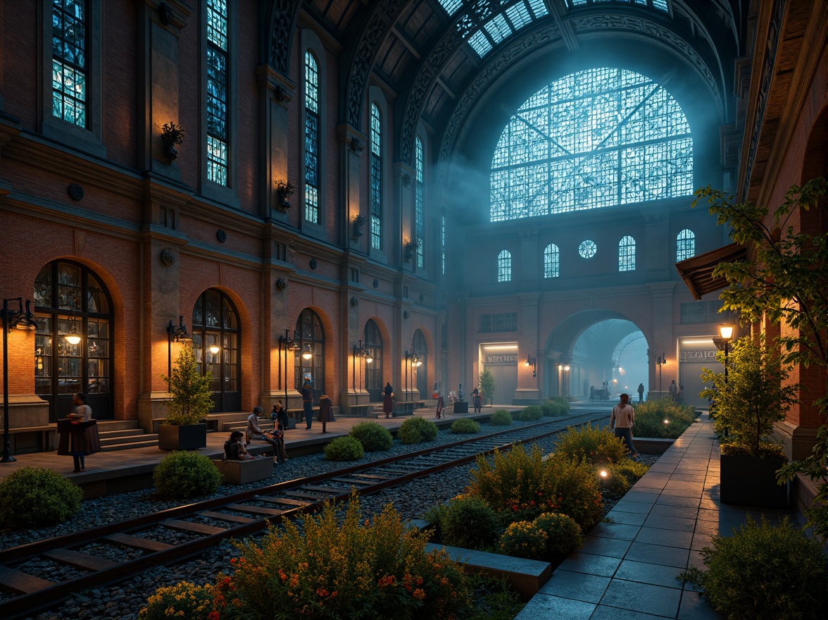 Prompt: Majestic Gothic train station, grandiose arches, ornate stone carvings, mystical stained glass windows, intricate ironwork, lush greenery, vibrant flowers, misty foggy atmosphere, industrial metal beams, rustic brick walls, dramatic spotlighting, eerie shadows, 3/4 composition, cinematic framing, realistic textures, ambient occlusion, mysterious night scene, soft warm lighting.