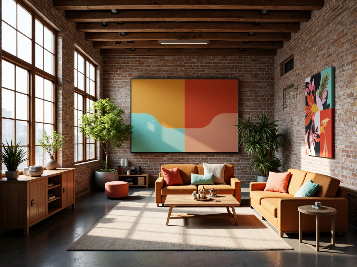 Prompt: Vibrant artistic studio, eclectic furniture, rich wooden accents, bold color blocks, abstract artwork, trendy industrial lighting, exposed brick walls, polished concrete floors, natural textiles, pastel hues, soft warm glow, shallow depth of field, 1/1 composition, intimate atmosphere, realistic textures, ambient occlusion.