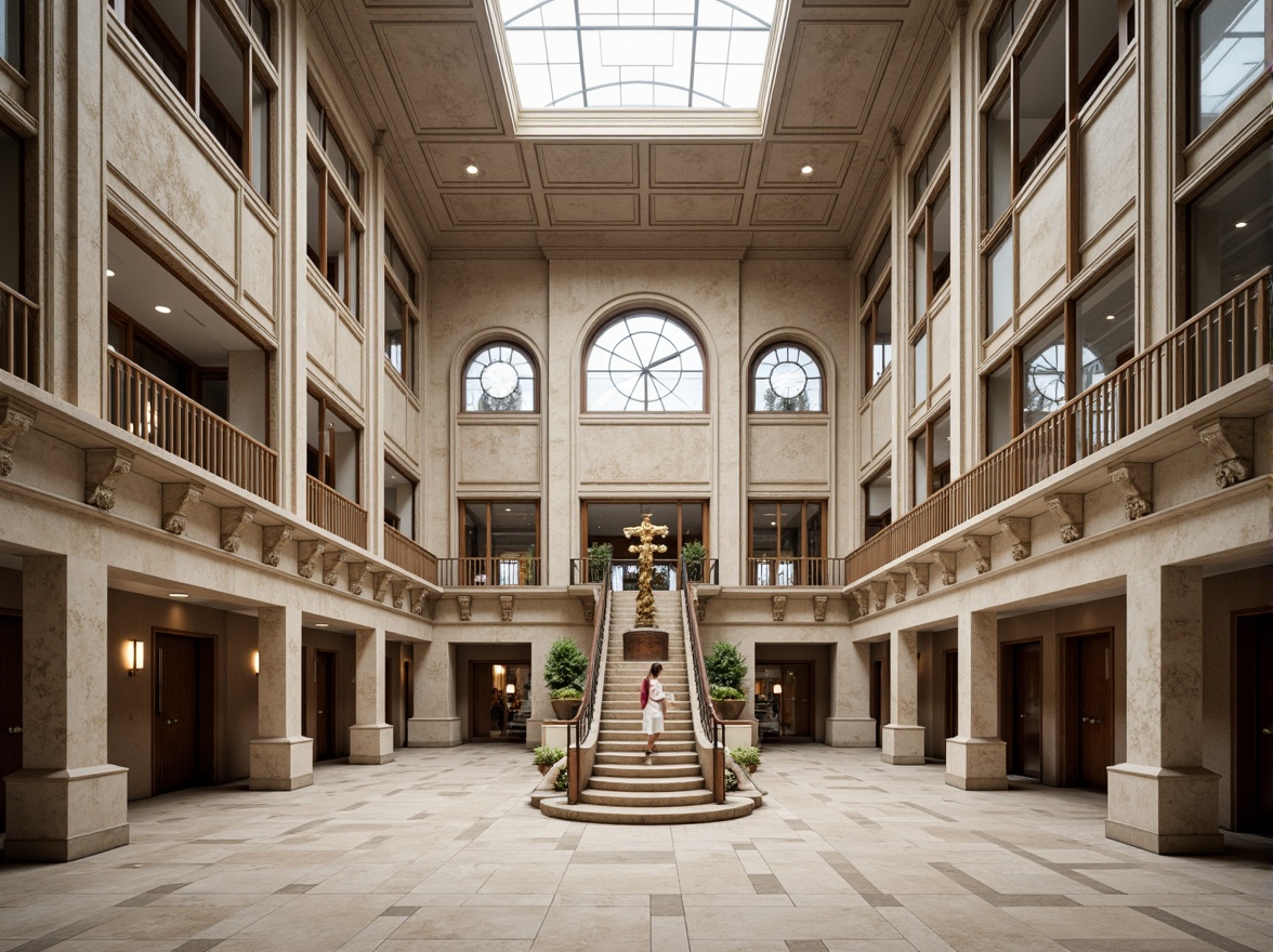 Prompt: Grand courthouse building, neoclassical fa\u00e7ade, symmetrical composition, ornate details, Corinthian columns, grand staircases, vaulted ceilings, natural stone walls, bronze doors, large clock towers, modernist twists, clean lines, minimalist ornamentation, ample natural light, high ceilings, airy atriums, sophisticated color schemes, elegant typography, subtle texture variations, 1/1 composition, neutral background, softbox lighting, cinematic atmosphere.