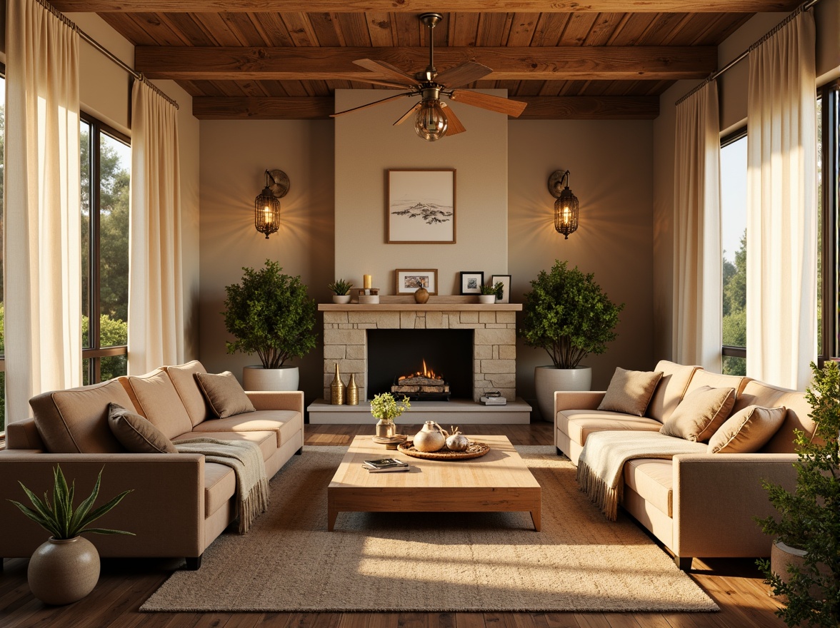 Prompt: Cozy living room, warm beige walls, plush velvet sofa, rustic wooden coffee table, soft golden lighting, lush greenery, natural stone fireplace, modern minimalist decor, comfortable cushions, elegant chandeliers, warm earthy tones, textured area rugs, floor-to-ceiling windows, sunny afternoon, shallow depth of field, 1/2 composition, realistic textures, ambient occlusion.