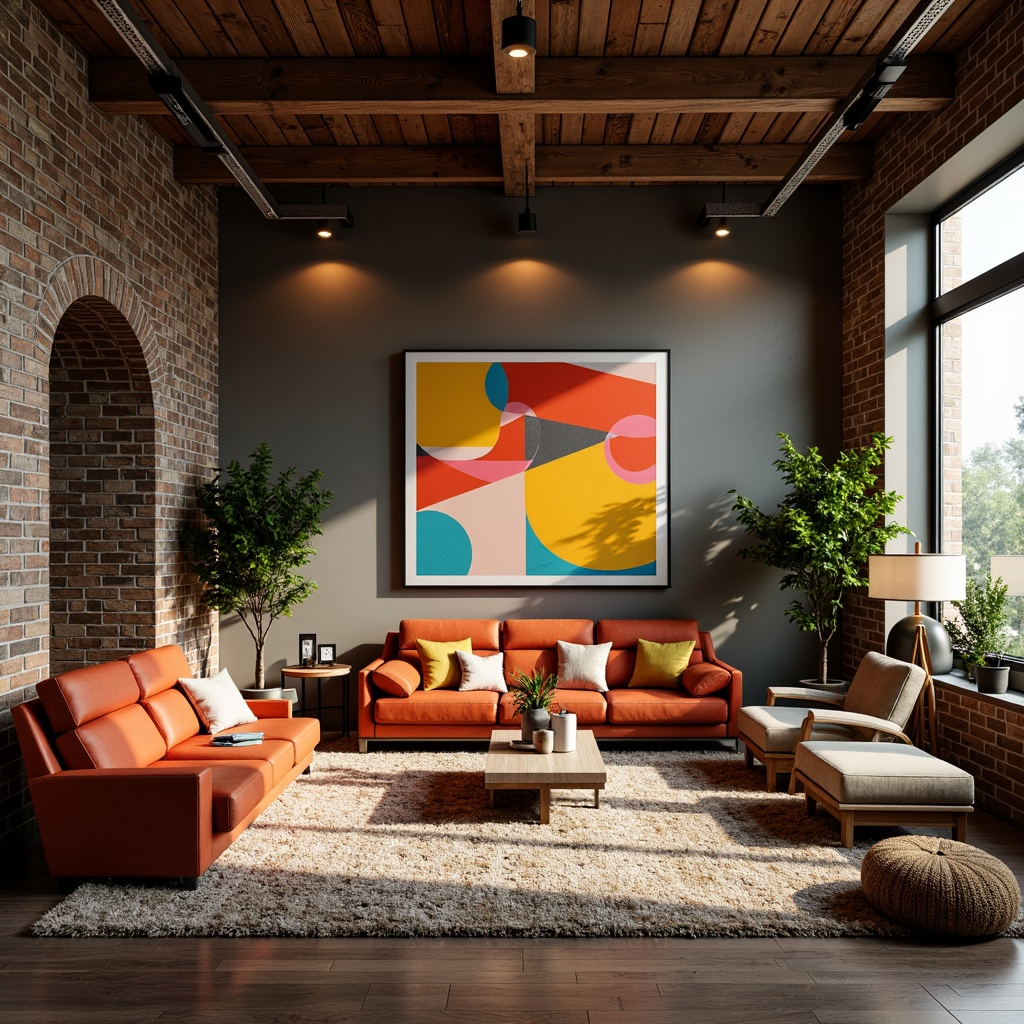 Prompt: Vibrant artistic studio, eclectic furniture pieces, abstract wall art, bold color blocking, contrasting textures, rich wood accents, plush area rugs, statement lighting fixtures, dramatic ceiling heights, natural stone walls, industrial metal beams, soft warm glow, cinematic color palette, 1/1 composition, shallow depth of field, realistic renderings.