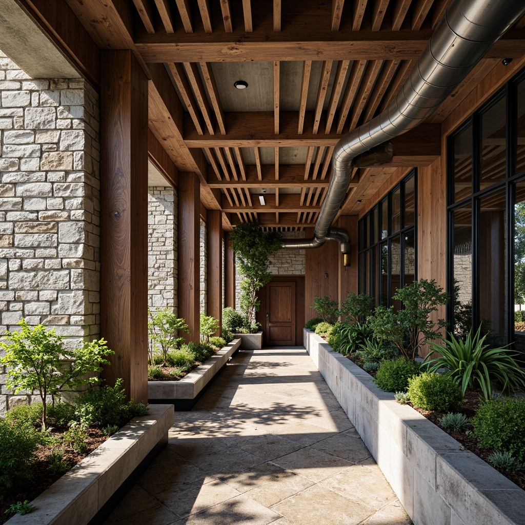 Prompt: Rustic stone walls, smooth wooden accents, metallic latticework, rough concrete textures, vibrant greenery, industrial pipes, distressed brick facades, modern glass surfaces, sleek steel beams, intricate tile patterns, ambient natural light, warm color palette, shallow depth of field, 2/3 composition, atmospheric perspective, realistic material rendering.