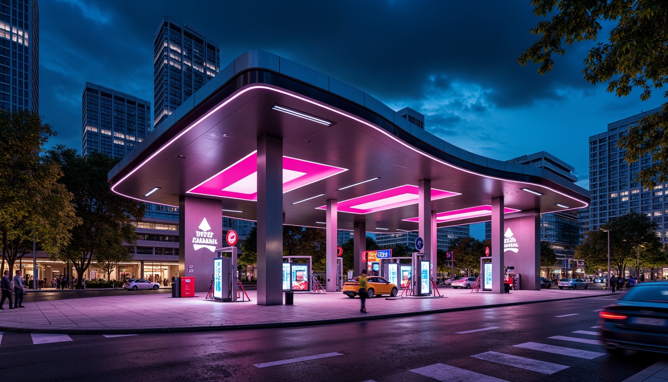 Prompt: Vibrant gas station, fusion architecture style, curved lines, dynamic shapes, metallic materials, neon lights, futuristic feel, urban landscape, busy streets, cityscape, dramatic night lighting, shallow depth of field, 1/1 composition, symmetrical framing, high-contrast colors, bold typography, industrial textures, reflective surfaces, modern fuel pumps, sleek canopies, LED signage, angular pillars, cantilevered roofs.