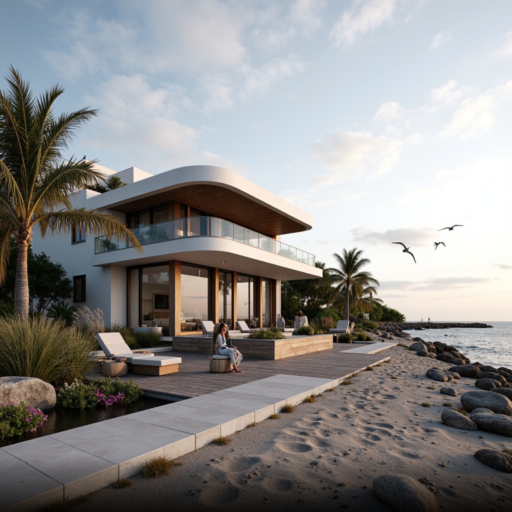 Prompt: Coastal villa, modernist style, curved lines, ocean-inspired fa\u00e7ade, large windows, sliding glass doors, wooden decks, seaside promenade, sandy beach, rocky shoreline, driftwood sculptures, seagull silhouettes, salty air, soft warm lighting, shallow depth of field, 1/2 composition, panoramic view, realistic textures, ambient occlusion.