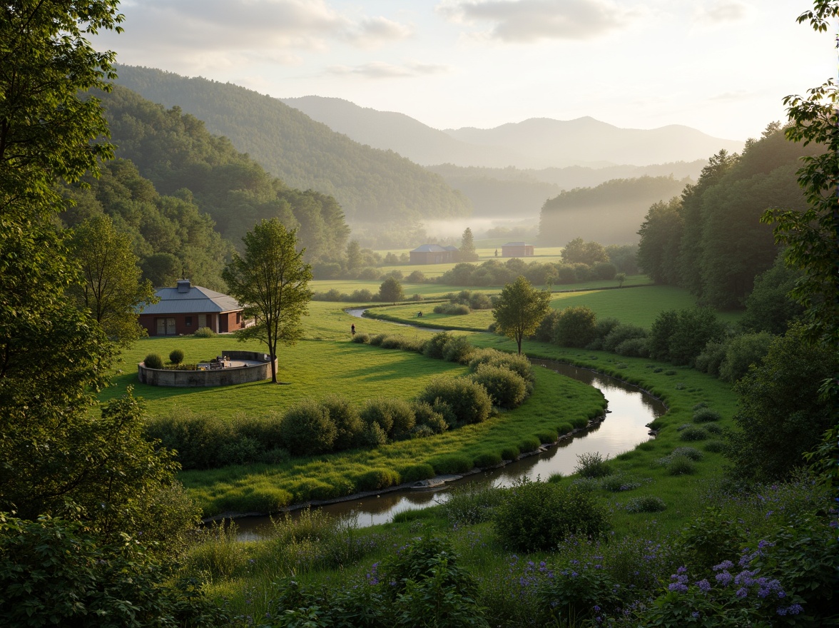 Prompt: Sweeping hills, lush green forests, meandering streams, rustic stone walls, wooden fences, wildflower fields, birds' nests, misty mornings, warm sunlight, soft breeze, 3/4 composition, shallow depth of field, realistic textures, ambient occlusion, eco-friendly materials, natural color palette, organic shapes, blending boundaries, seamless transitions.