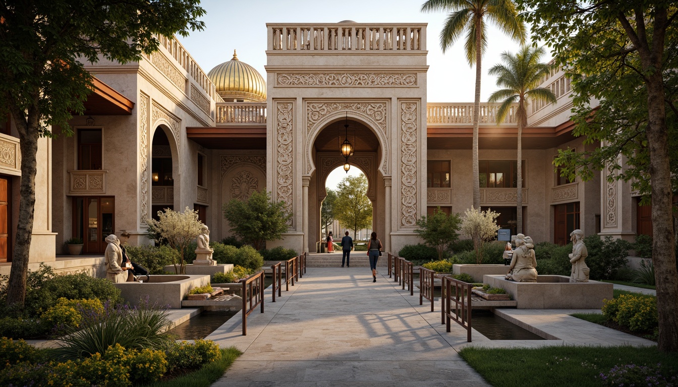 Prompt: Intricate stone carvings, ornate arches, vibrant mosaics, golden domes, majestic entrance gates, grandiose fountains, lush greenery, exotic animal enclosures, winding pathways, rustic wooden bridges, mystical lanterns, warm golden lighting, shallow depth of field, 1/2 composition, symmetrical framing, realistic textures, ambient occlusion.