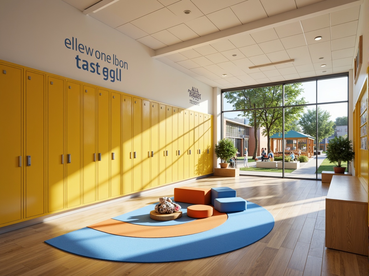 Prompt: Vibrant elementary school, playful corridors, bright yellow lockers, soft blue classrooms, calming green courtyards, energetic orange playgrounds, inspiring educational quotes, modern furniture designs, sleek wooden floors, natural light pouring in, warm beige walls, stimulating color contrasts, dynamic 3D shapes, lively student artwork displays, friendly staff rooms, welcoming administration offices, inclusive learning environments, diverse cultural decorations.