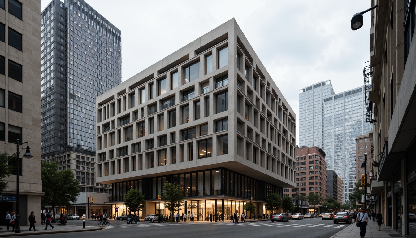 Prompt: Monumental bank building, geometric facade patterns, brutalist concrete walls, angular lines, cantilevered floors, industrial materials, metallic accents, minimalist ornamentation, functional simplicity, urban cityscape, busy streets, modern skyscrapers, cloudy grey sky, dramatic shadows, low-key lighting, 1/1 composition, symmetrical view, detailed textures, ambient occlusion.