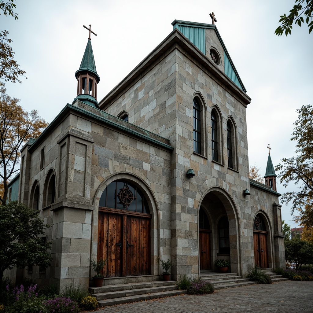 Prompt: Rough-hewn stone fa\u00e7ade, brutalist church architecture, rugged concrete walls, rusted metal accents, distressed wooden doors, Gothic-inspired arches, dramatic angular lines, weathered copper roofing, ornate ironwork details, stained glass windows, mystical ambiance, overcast skies, soft diffused natural light, high contrast shadows, 1/1 composition, symmetrical framing, detailed textures, ambient occlusion.