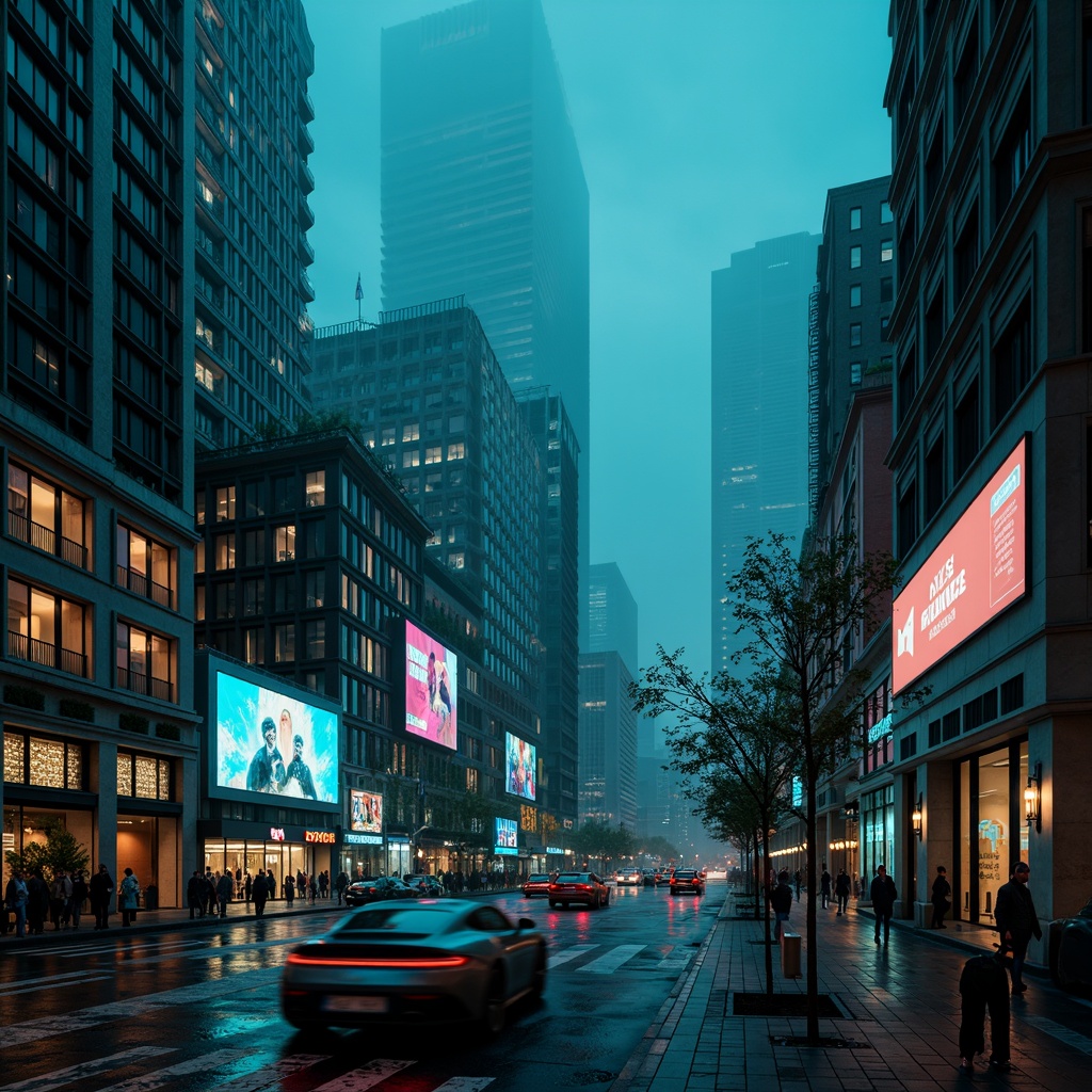 Prompt: Dark cyan futuristic cityscape, neon-lit skyscrapers, holographic advertisements, sleek metallic buildings, iridescent glass surfaces, cyberpunk-inspired architecture, misty rainy night, vibrant glowing accents, high-tech gadgetry, intricate circuitry patterns, abstract digital art installations, low-poly 3D models, atmospheric fog effects, cinematic shallow depth of field, 1/2 composition, dramatic spotlighting, futuristic sci-fi atmosphere.