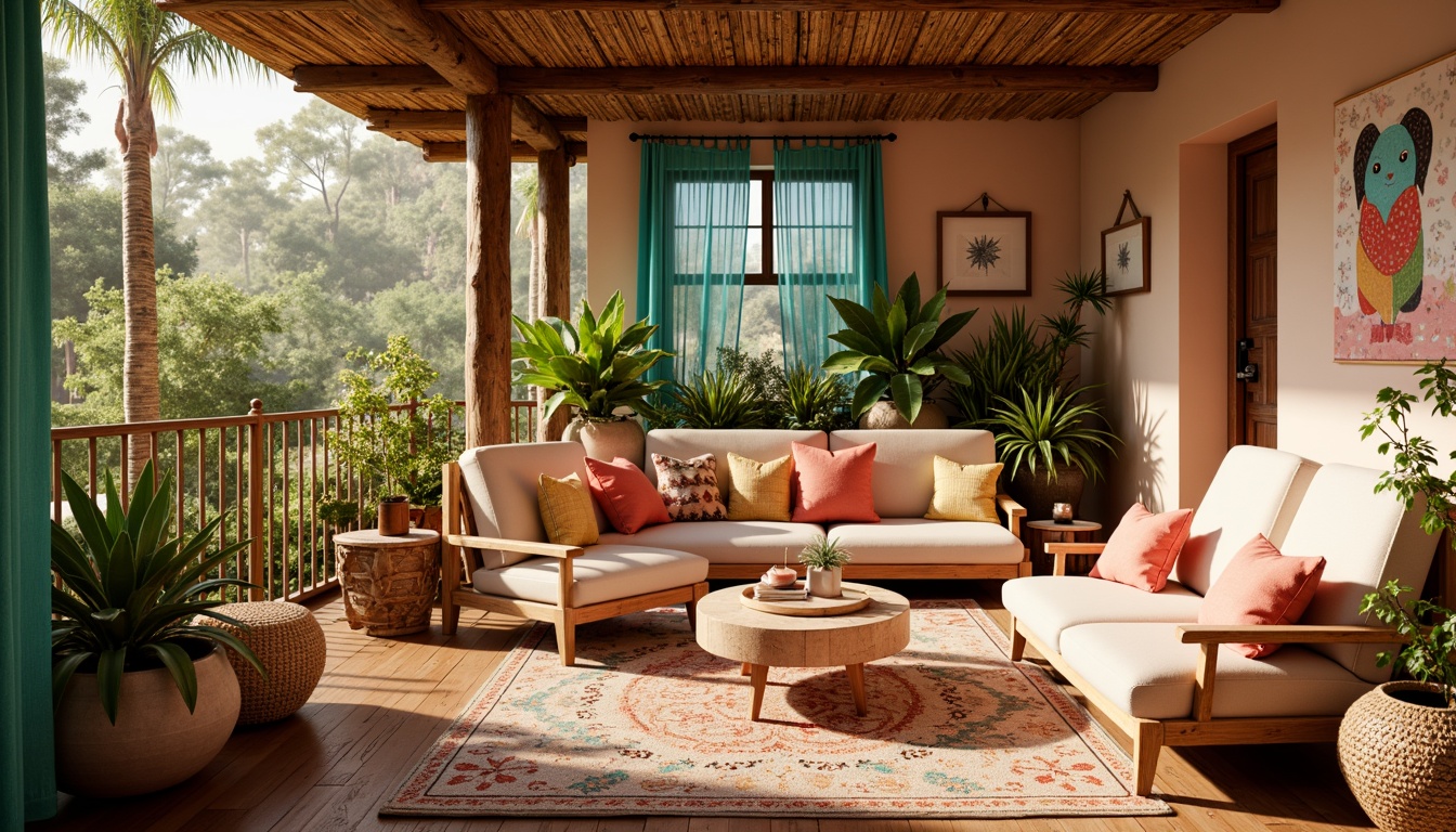 Prompt: Vibrant color scheme, inviting atmosphere, warm golden lighting, rich turquoise accents, soft peach tones, creamy whites, deep coral hues, lush greenery, natural textures, wooden elements, woven fibers, playful patterns, whimsical illustrations, cozy nooks, plush furnishings, eclectic decor, artistic expressions, lively vibe, energetic ambiance, shallow depth of field, 1/1 composition, realistic render.