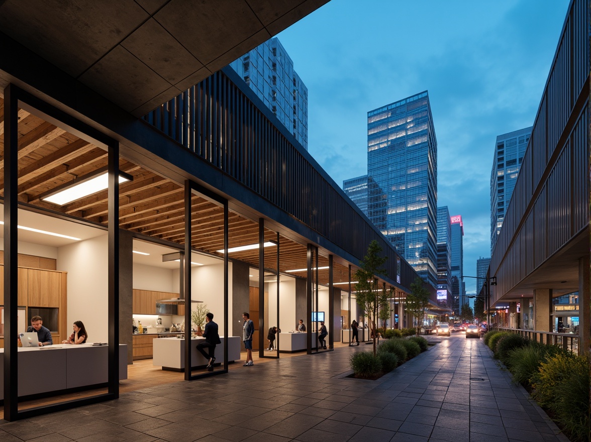 Prompt: Clean lines, minimalist decor, open floor plans, industrial materials, exposed ductwork, concrete walls, steel beams, wooden accents, geometric shapes, cantilevered roofs, floor-to-ceiling windows, sliding glass doors, urban cityscape, busy streets, modern skyscrapers, neon lights, misty evening atmosphere, high contrast lighting, 1/1 composition, symmetrical framing, realistic reflections, ambient occlusion.