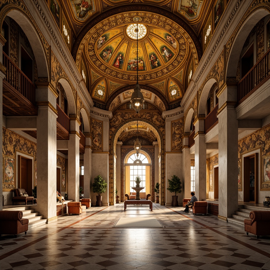 Prompt: Intricate mosaic patterns, golden domes, ornate columns, lavish archways, grandiose entrance halls, symmetrical spatial layout, majestic altarpieces, richly textured marble floors, ornamental frescoes, vaulted ceilings, dramatic lighting effects, mysterious ambient shadows, 1/1 composition, central focal point, warm golden color palette, detailed stone carvings, luxurious fabrics, regal throne-like seating, ceremonial atmosphere, soft diffused light, subtle gradient mapping.