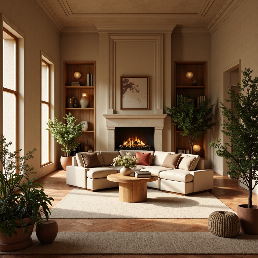 Prompt: Warm beige walls, rich wood accents, soft cream furnishings, plush velvet textures, golden lighting fixtures, earthy terracotta floors, natural stone fireplaces, cozy reading nooks, lush greenery, blooming florals, sunny afternoon, warm soft focus, 1/1 composition, intimate atmosphere, realistic materials, ambient occlusion.