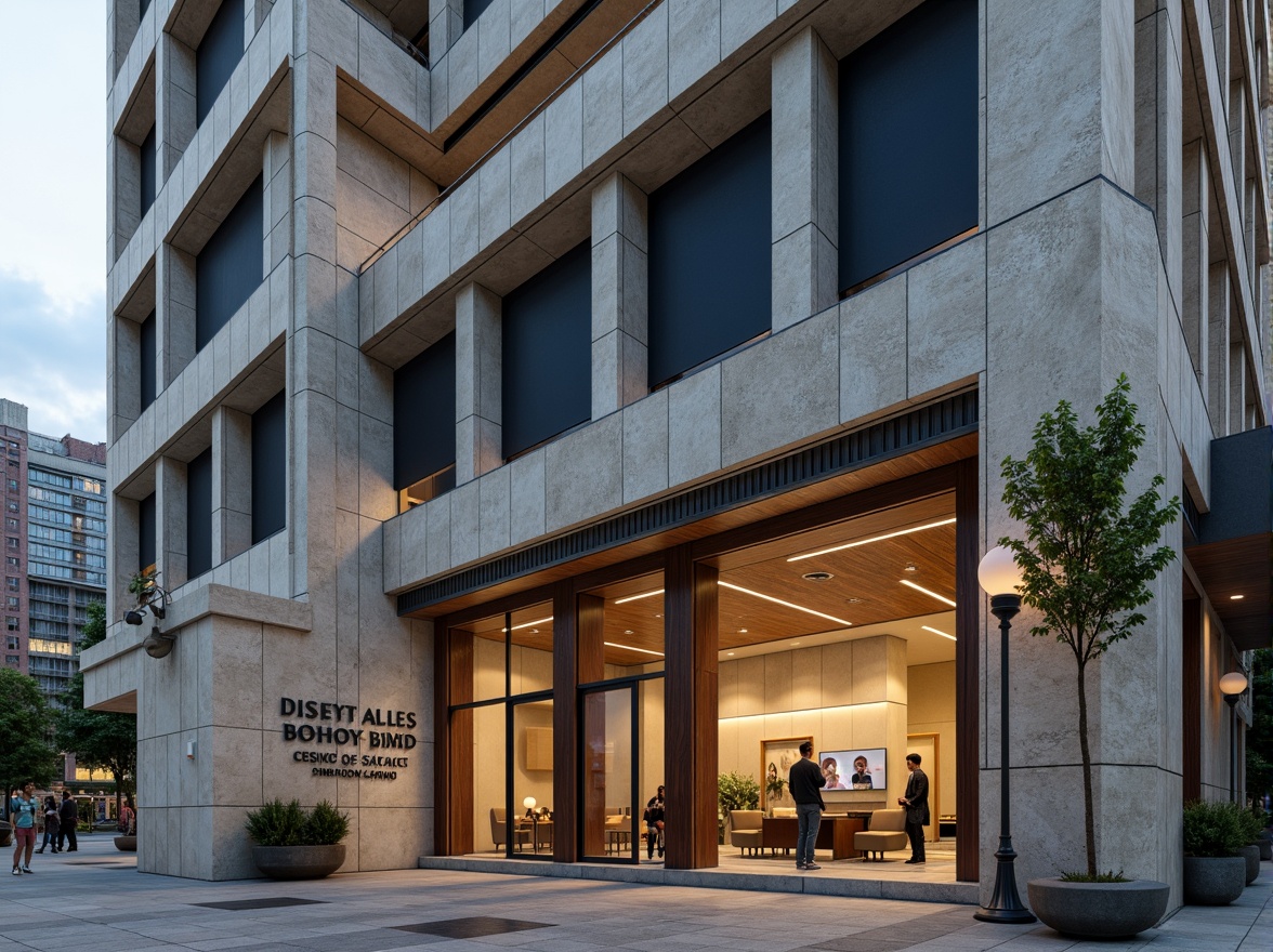 Prompt: Monumental bank building, brutalist architecture, rugged concrete textures, industrial metal accents, minimalist ornamentation, neutral beige tones, deep blue-grey hues, rich walnut wood furnishings, polished chrome fixtures, bold geometric patterns, urban cityscape backdrop, overcast sky, dramatic spotlighting, high-contrast lighting, 1/2 composition, architectural photography style, realistic materials, subtle ambient occlusion.