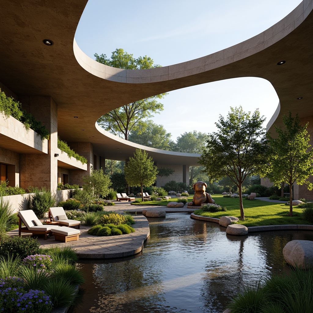 Prompt: Harmonious fusion architecture, curved lines, blend of natural materials, lush greenery, vibrant flowers, sparkling water features, meandering pathways, ornamental bridges, tranquil ponds, eclectic furniture, modern sculptures, warm ambient lighting, shallow depth of field, 1/1 composition, panoramic view, realistic textures, ambient occlusion, seamless integration with surrounding landscape.