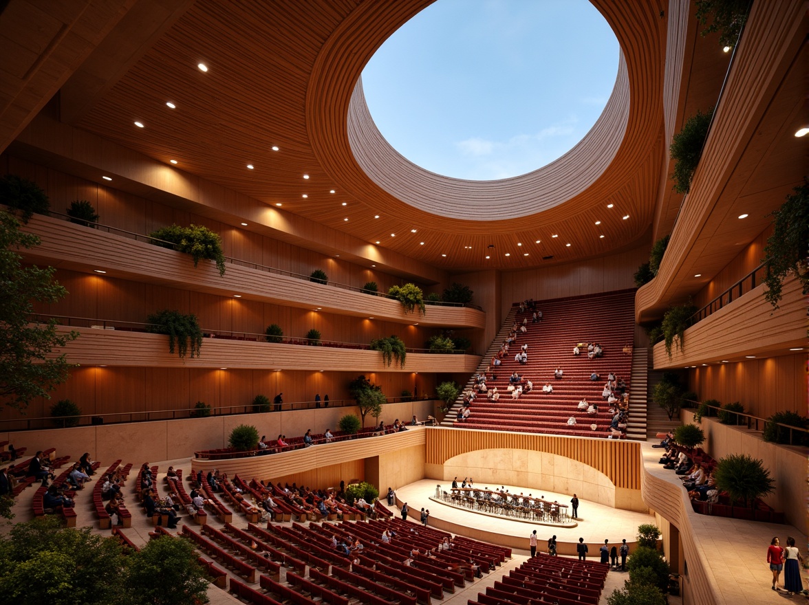 Prompt: Curved concert hall, flowing organic shapes, undulating rooflines, warm wooden tones, rich velvet textures, intimate performance spaces, state-of-the-art sound systems, soft gentle lighting, dramatic spotlights, minimalist d\u00e9cor, luxurious seating areas, sweeping staircases, grand entrance foyers, polished marble floors, vibrant colorful accents, natural stone walls, lush greenery, urban cityscape, warm summer evening, shallow depth of field, 1/2 composition, realistic renderings.