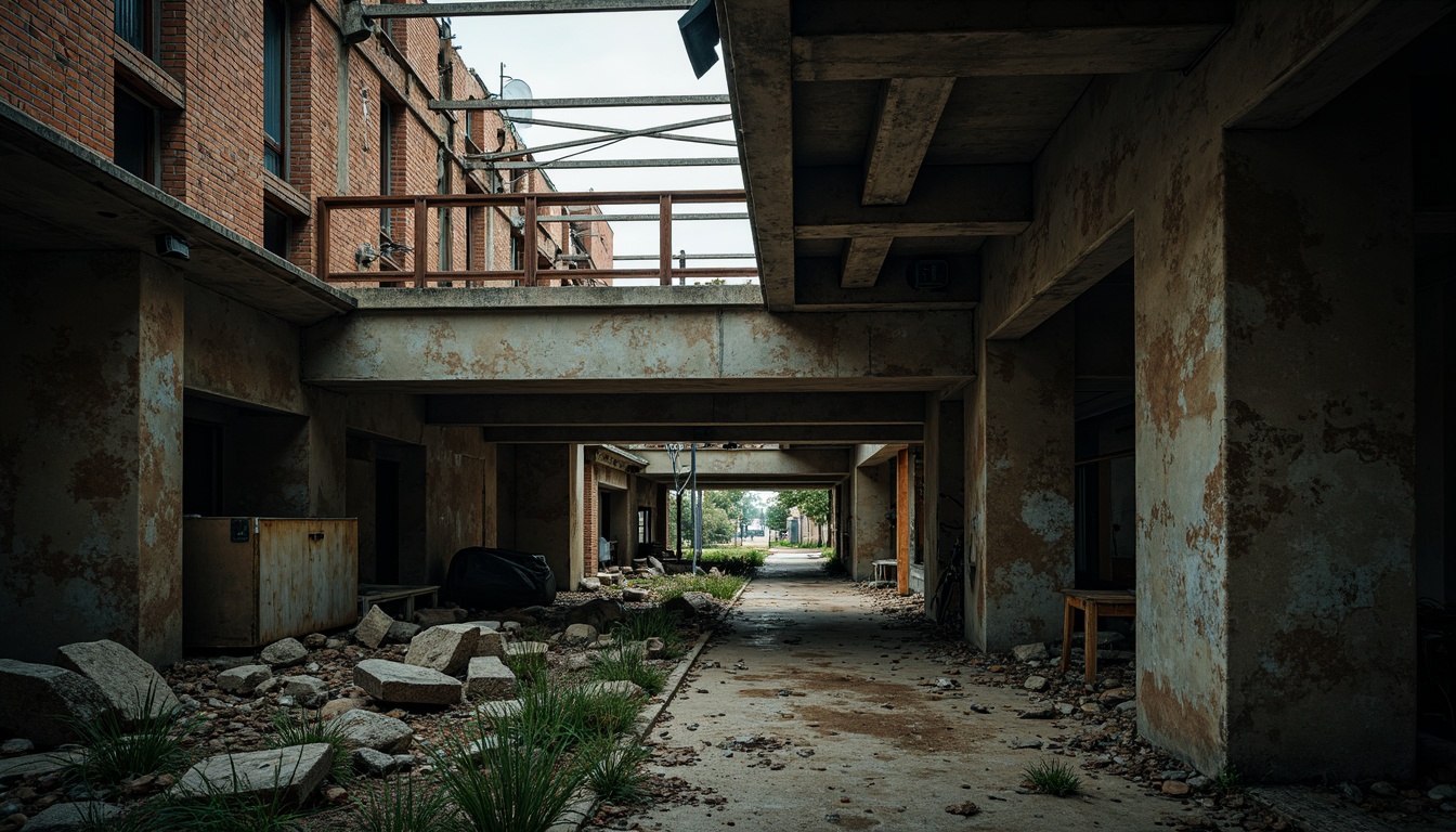 Prompt: Gritty urban landscape, crumbling brick walls, rusty metal beams, decaying concrete structures, cinematic lighting, dramatic shadows, deconstructivist architecture, fragmented forms, abstract geometries, disjointed spaces, surreal atmosphere, moody color palette, high-contrast lighting, cinematic camera angles, shallow depth of field, 1/2 composition, dynamic motion blur, realistic textures, ambient occlusion.