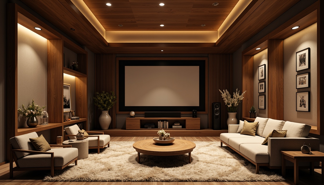 Prompt: Luxurious living room, plush carpet flooring, sound-absorbing acoustic panels, minimal echo, optimal speaker placement, high-fidelity audio equipment, rich wood accents, comfortable seating areas, soft warm lighting, 1/1 composition, shallow depth of field, realistic textures, ambient occlusion.