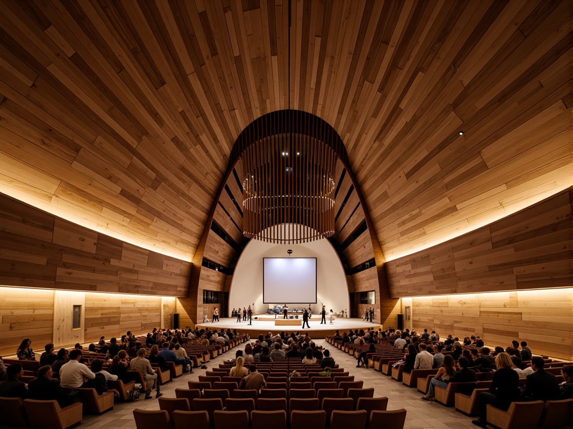 Prompt: Curved concert hall, undulating walls, fluid-like architecture, natural materials, reclaimed wood accents, earthy color palette, warm ambient lighting, soft focus blur, shallow depth of field, 2/3 composition, atmospheric perspective, realistic textures, subtle gradient maps, organic shapes, free-flowing forms, dynamic acoustics, soundwave-inspired design, futuristic curves, metallic accents, polished stone floors, minimalist seating, avant-garde decor, immersive performance space.