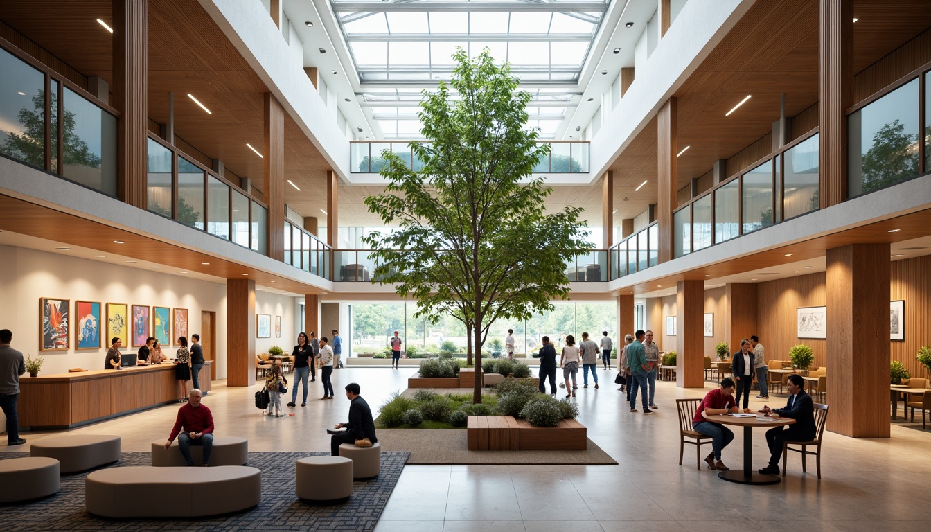 Prompt: Vibrant community center, natural light-filled atrium, wooden accents, comfortable seating areas, colorful artwork, lively gathering spaces, interactive exhibits, educational workshops, collaborative co-working spaces, flexible modular furniture, acoustic panels, warm tone lighting, shallow depth of field, 1/2 composition, harmonious color palette, realistic textures, ambient occlusion.