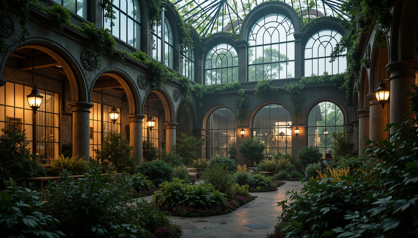 Prompt: Mysterious greenhouse, overgrown vegetation, twisted vines, Gothic arches, intricate stone carvings, stained glass windows, eerie warm lighting, foggy atmosphere, misty mornings, lush ferns, exotic flowers, moss-covered walls, weathered copper accents, rustic wooden beams, dramatic shadows, high contrast, rich textures, cinematic composition, mystical ambiance.