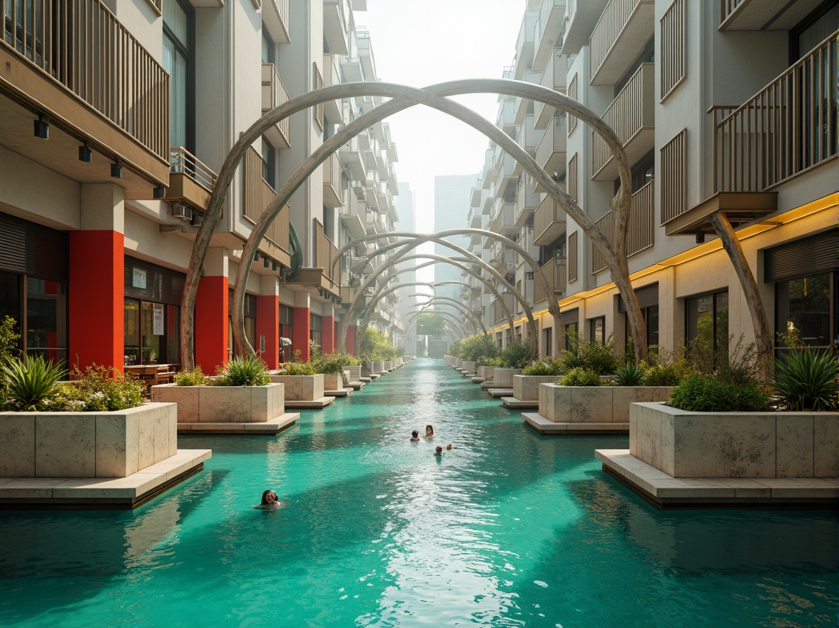 Prompt: Vibrant turquoise water, sleek silver metal arches, bold crimson accents, warm beige stone piers, lush green vegetation, misty atmospheric effects, soft golden lighting, shallow depth of field, 3/4 composition, symmetrical architecture, futuristic infrastructure design, urban cityscape, bustling street activity, blurred motion capture, cinematic color grading.