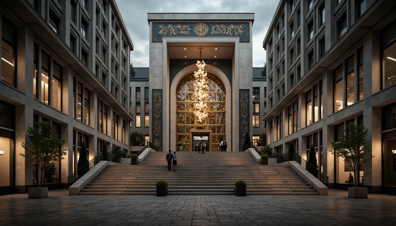 Prompt: Gigantic banking hall, monumental columns, ornate bronze doors, grand staircase, lavish chandeliers, intricate mosaics, geometric patterns, Constructivist-inspired fa\u00e7ade, bold rectangular forms, industrial materials, exposed ductwork, reinforced concrete structures, urban cityscape, overcast sky, dramatic shadows, low-key lighting, cinematic composition, realistic textures, ambient occlusion.