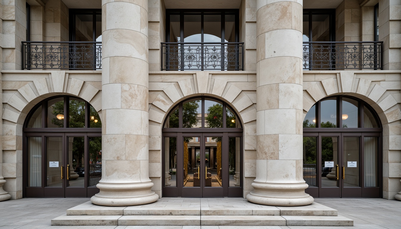 Prompt: Grand courthouse entrance, imposing stone columns, ornate metal gates, symmetrical facade composition, neoclassical architectural style, modernist twist, clean lines, minimalist ornamentation, subtle color palette, natural limestone walls, large glass windows, bronze door handles, subtle textures, overcast day, soft diffused lighting, shallow depth of field, 2/3 composition, realistic materials, ambient occlusion.