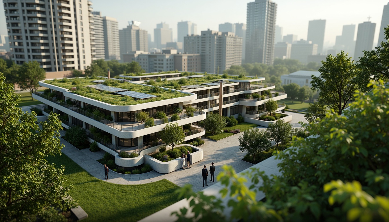 Prompt: Eco-friendly building design, green roofs, solar panels, wind turbines, water conservation systems, recycled materials, natural ventilation, minimal waste management, optimized energy efficiency, sustainable urban planning, vibrant green spaces, lush vegetation, calm atmosphere, soft diffused lighting, shallow depth of field, 3/4 composition, realistic textures, ambient occlusion.