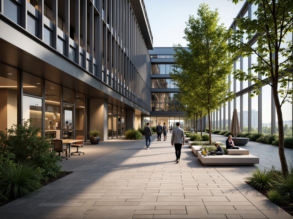 Prompt: Modern office building, sleek glass fa\u00e7ade, polished metal accents, natural stone walls, wooden flooring, minimalist decor, ergonomic furniture, abundant greenery, floor-to-ceiling windows, soft diffused lighting, 3/4 composition, shallow depth of field, realistic reflections, ambient occlusion.