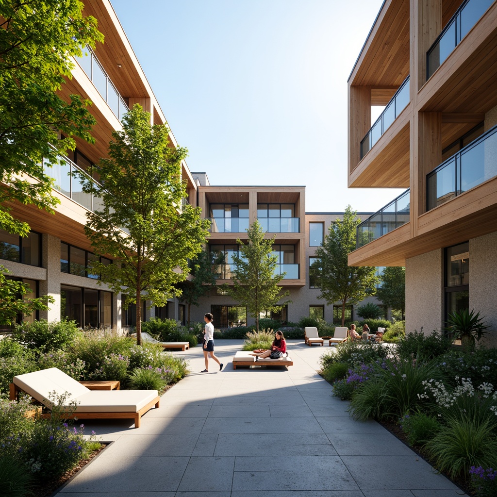 Prompt: Spacious open courtyard, lush green vegetation, natural stone flooring, wooden benches, modern minimalistic architecture, floor-to-ceiling glass windows, sliding doors, cantilevered rooflines, warm sunny day, soft diffused lighting, shallow depth of field, 3/4 composition, panoramic view, realistic textures, ambient occlusion, community gathering spaces, pedestrian-friendly walkways, urban revitalization projects, mixed-use developments, public art installations, vibrant colorful murals, eclectic street furniture.