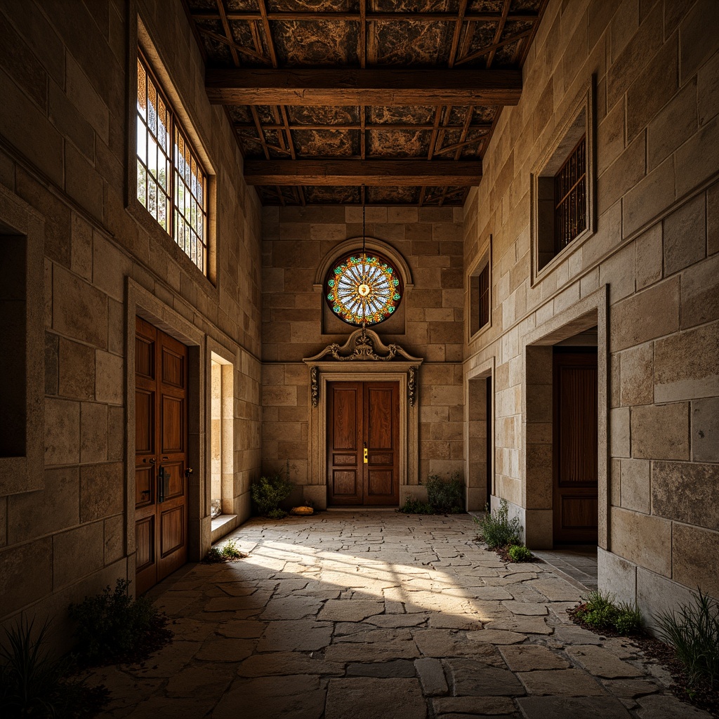 Prompt: Rustic stone walls, weathered granite facades, ornate carvings, decorative arches, rounded columns, vaulted ceilings, stained glass windows, intricate mosaics, rough-hewn stone floors, worn wooden doors, aged bronze hardware, mysterious ambient lighting, warm golden tones, dramatic shadows, 3/4 composition, symmetrical framing, detailed textures, atmospheric perspective.