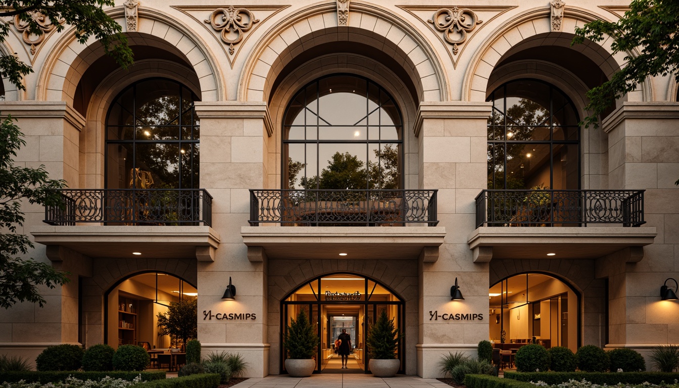 Prompt: Grandiose casino facade, ornate stone carvings, arched windows, intricate moldings, rusticated columns, grand entranceways, decorative ironwork, ornamental balconies, curved lines, rich textures, warm golden lighting, soft focus effect, 1/2 composition, medium shot, Romanesque arches, subtle color palette, elegant typography, luxurious materials, vintage ornaments.