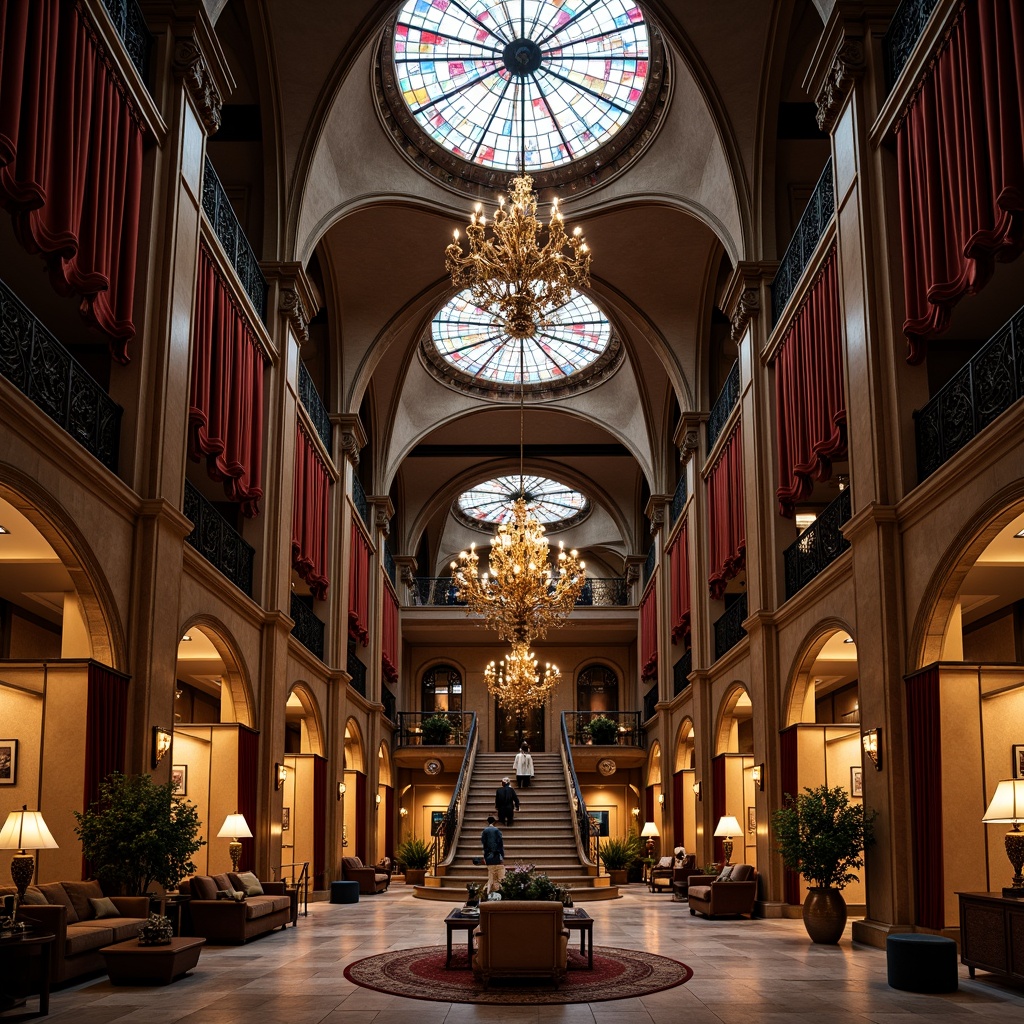 Prompt: Grand hotel lobby, ornate chandeliers, stained glass ceilings, intricately carved wooden paneling, luxurious velvet drapes, gilded furnishings, pointed arches, ribbed vaults, flying buttresses, grand staircases, ornate metalwork, mysterious ambiance, warm soft lighting, shallow depth of field, 1/1 composition, realistic textures, ambient occlusion.