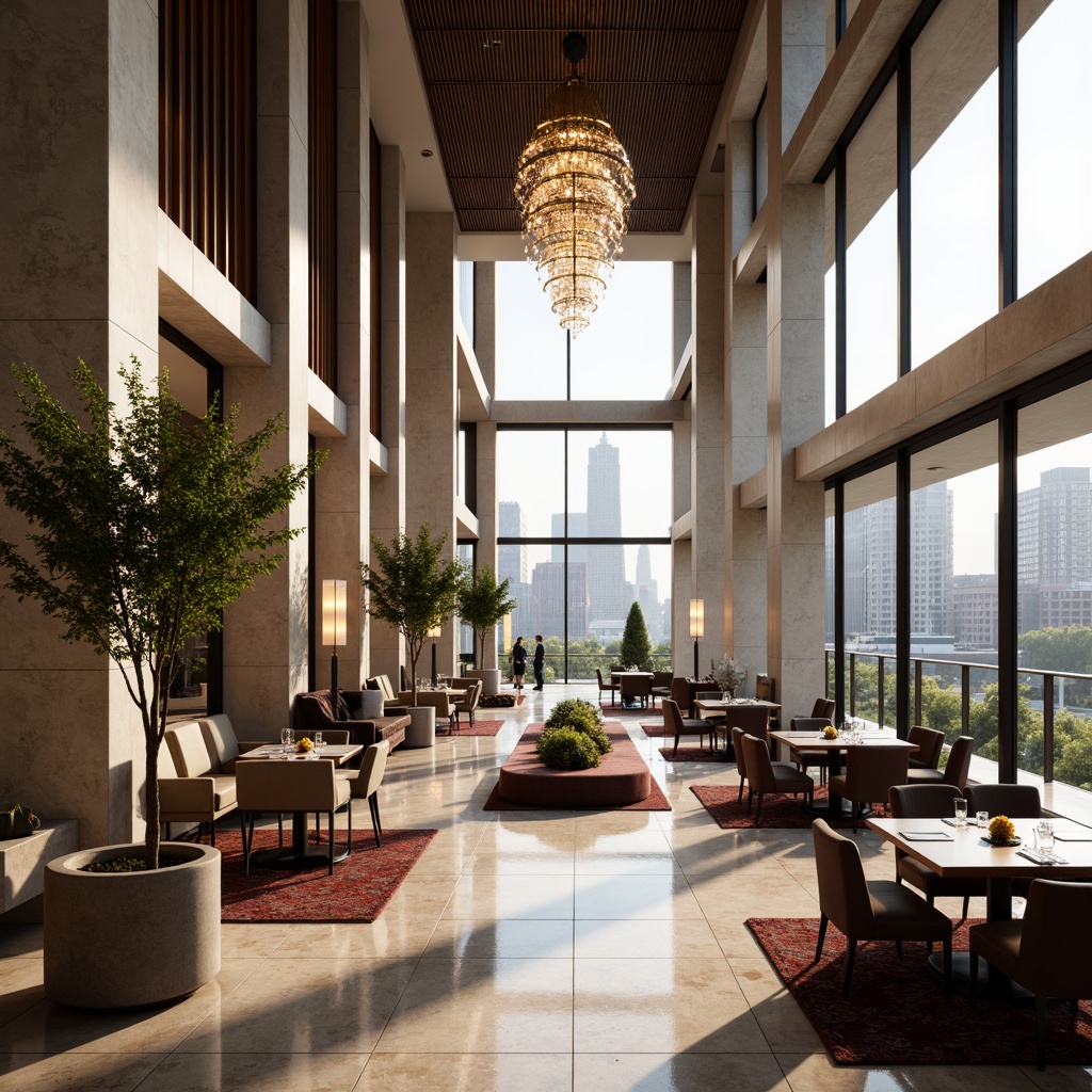 Prompt: Luxurious dining hall, high ceiling, grand chandelier, marble flooring, elegant columns, minimalist decor, sleek lines, modern furniture, plush carpets, rich wood accents, sophisticated lighting fixtures, floor-to-ceiling windows, urban city views, afternoon sunlight, soft warm glow, shallow depth of field, 3/4 composition, realistic textures, ambient occlusion.