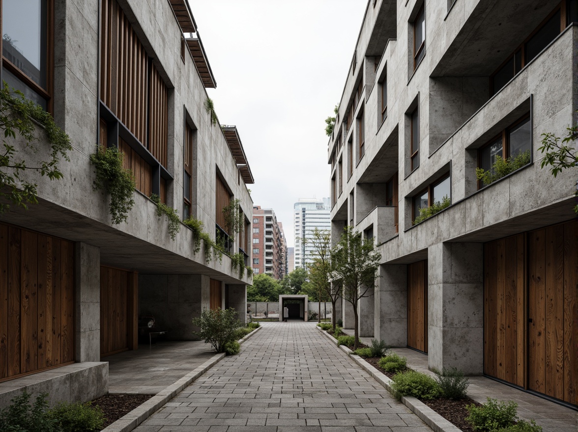 Prompt: Weathered concrete walls, rough-hewn stone textures, industrial metal accents, muted earth tones, moss-covered facades, distressed wood panels, urban cityscape backdrop, overcast skies, dramatic shadows, high-contrast lighting, 1-point perspective, symmetrical composition, minimalist color palette, monochromatic scheme, bold architectural forms, geometric patterns, brutalist design elements.