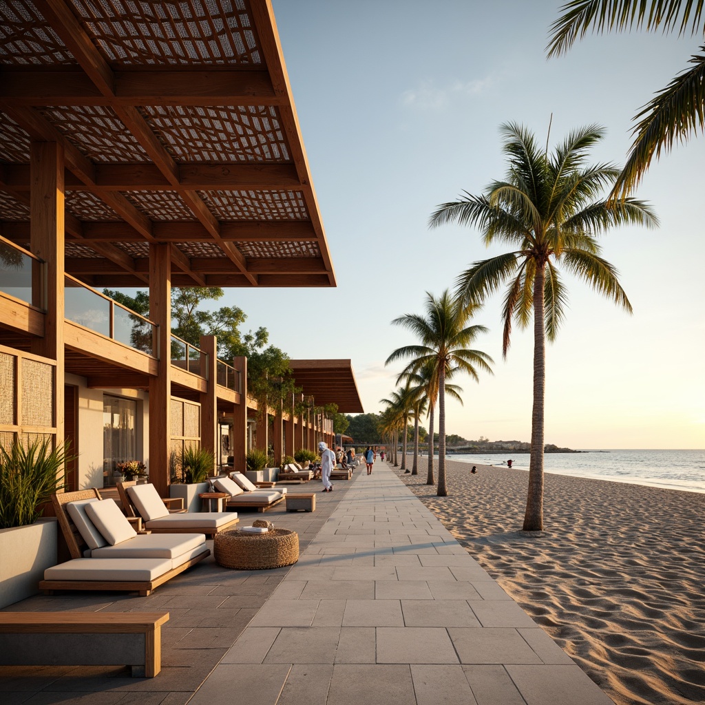 Prompt: Warm beachside, gentle ocean breeze, soft sandy dunes, tropical palm trees, modern coastal architecture, large overhangs, natural wood accents, woven rattan furniture, light-filtering techniques, perforated metal screens, laser-cut wooden panels, translucent glass walls, solar shading devices, wind-resistant structures, seaside promenade, scenic ocean views, warm golden lighting, shallow depth of field, 1/2 composition, realistic textures, ambient occlusion.