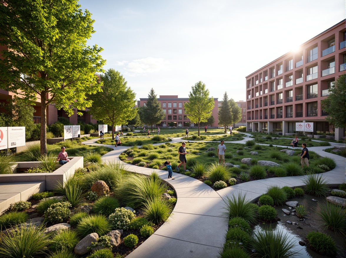 Prompt: Vibrant community garden, lush green roofs, native plant species, educational signage, interactive outdoor classrooms, amphitheater seating, winding walkways, natural stone pathways, modern academic buildings, large windows, glass doors, abundant daylight, soft warm lighting, shallow depth of field, 3/4 composition, panoramic view, realistic textures, ambient occlusion.