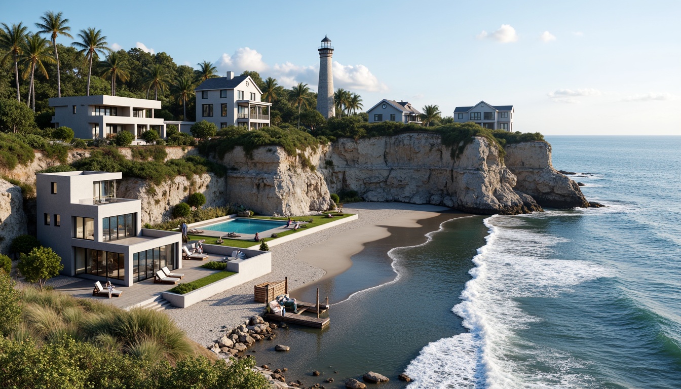 Prompt: Seaside cliffside, rugged shoreline, ocean waves crashing, salty sea air, driftwood accents, beachy dunes, native coastal vegetation, weathered wooden docks, sailboat masts, lighthouse silhouettes, seaside promenade, oceanfront villas, modern coastal architecture, large glass windows, sliding doors, outdoor living spaces, wind-resistant design, solar panels, green roofs, eco-friendly materials, natural ventilation systems, shaded outdoor areas, misting systems, nautical-themed decor, navy blue and white color scheme, 3/4 composition, panoramic view, realistic textures, ambient occlusion.