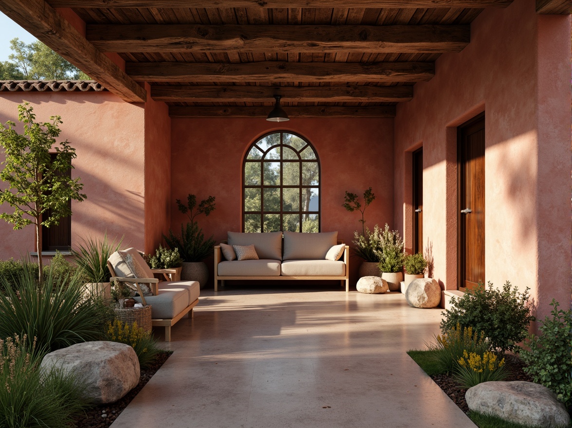 Prompt: Earthy tones, rustic Lavacrete walls, natural stone accents, weathered wood beams, soft warm lighting, ambient shadows, industrial metal fixtures, distressed textures, earthy reds, muted greens, sky blues, creamy whites, subtle gradations, realistic renderings, 3/4 composition, cinematic atmosphere.