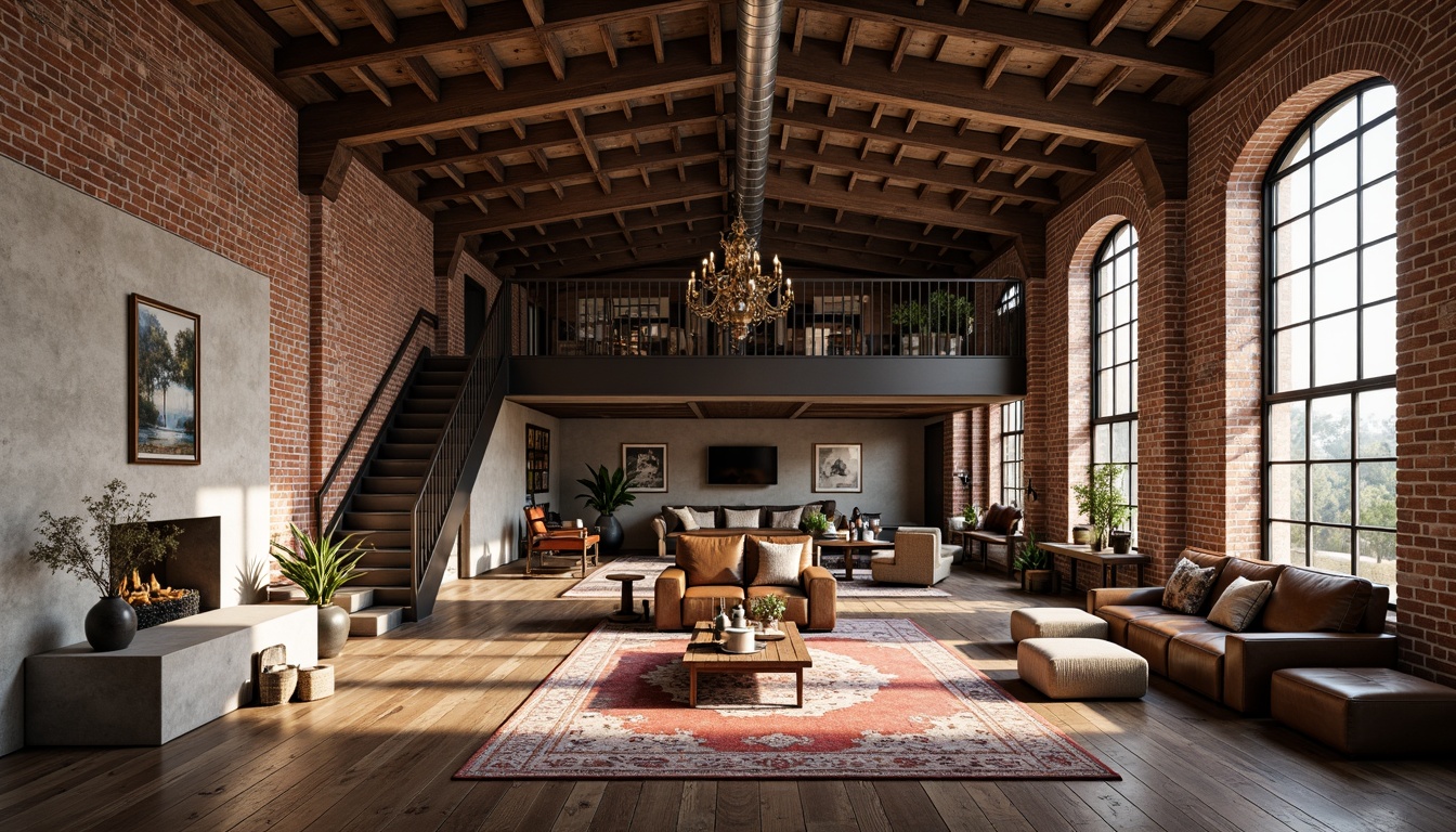 Prompt: Exposed brick walls, wooden beam ceilings, industrial metal pipes, reclaimed wood flooring, minimalist decor, natural stone accents, arched windows, grand chandeliers, plush area rugs, luxurious velvet sofas, ornate ironwork, distressed leather armchairs, vintage decorative items, soft warm lighting, shallow depth of field, 3/4 composition, panoramic view, realistic textures, ambient occlusion, open-plan living space, high ceilings, mezzanine levels, cozy reading nooks, grand staircase, elegant balustrades.