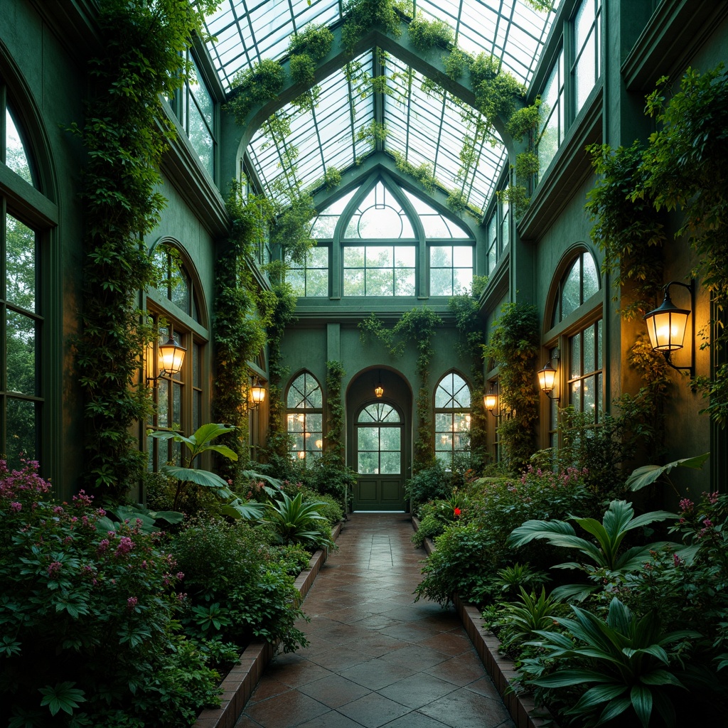 Prompt: Ethereal greenhouse, mystical foliage, emerald green walls, ornate ironwork, stained glass windows, Victorian-era inspired architecture, delicate ivy crawling, eerie lanterns, misty atmosphere, soft warm lighting, 1/1 composition, realistic textures, ambient occlusion, mysterious shadows, lush tropical plants, vibrant florals, velvety moss, weathered stone accents, whimsical details, intricate Gothic patterns.