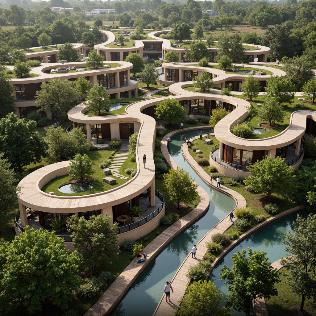 Prompt: Harmonious building complex, curved lines, green roofs, solar panels, natural ventilation systems, recycled materials, organic forms, earthy color palette, lush vegetation, serene water features, walking trails, wooden decks, seamless transitions, blending boundaries, soft warm lighting, 3/4 composition, shallow depth of field, realistic textures, ambient occlusion.