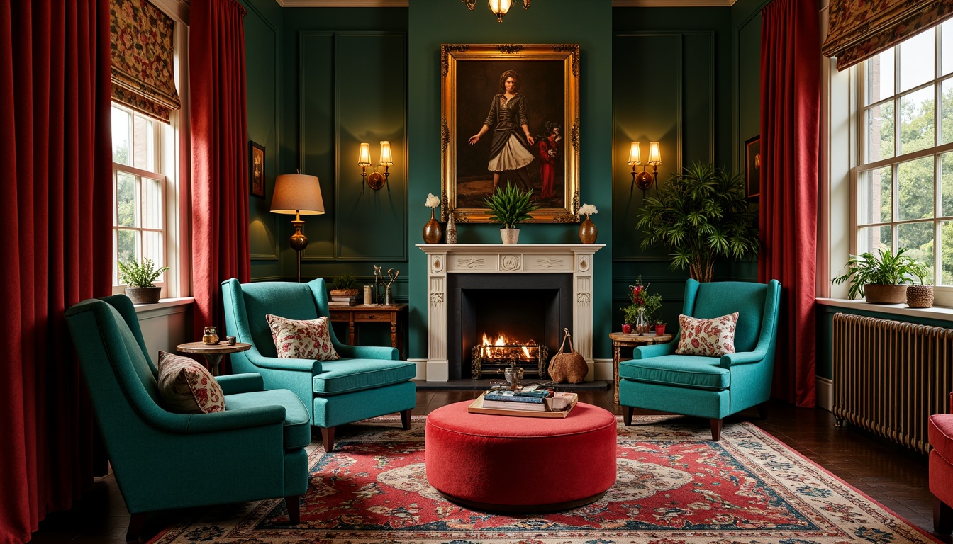 Prompt: Vibrant eclecticism setting, rich velvet fabrics, distressed wood accents, antique bronze fixtures, ornate gold frames, eclectic artwork, bold patterned rugs, plush throw pillows, opulent drapery, jewel-toned color scheme, emerald green walls, turquoise accent chairs, crimson red ottomans, soft golden lighting, dramatic shadows, warm atmospheric ambiance, 1/1 composition, intimate close-up shots, realistic texture rendering, subtle depth of field.