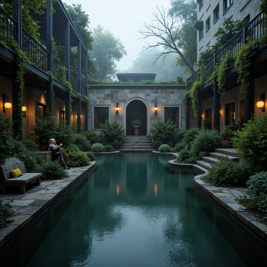 Prompt: Mysterious Gothic pool, dark stone surroundings, ornate metal fences, twisted vines, misty atmosphere, eerie lanterns, overgrown vegetation, moss-covered statues, weathered stone benches, rustic water features, foggy morning, soft golden lighting, shallow depth of field, 1/2 composition, romantic ambiance, mysterious shadows, vintage-inspired ornaments.