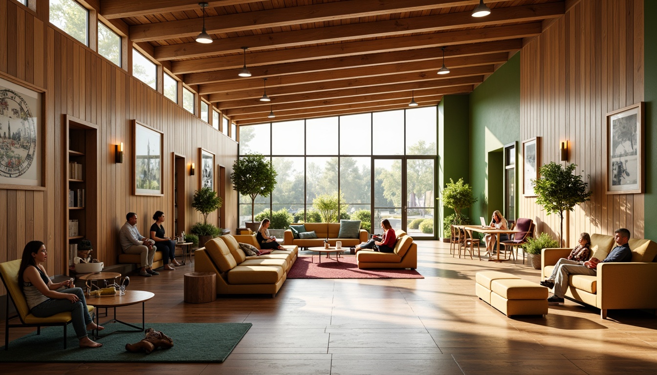 Prompt: Vibrant community center, warm wooden accents, natural light pouring in, plush couches, cozy reading nooks, eclectic artwork, lively color schemes, open floor plans, collaborative workspaces, modern minimalist decor, green walls, living plants, soft warm lighting, shallow depth of field, 3/4 composition, panoramic view, realistic textures, ambient occlusion.