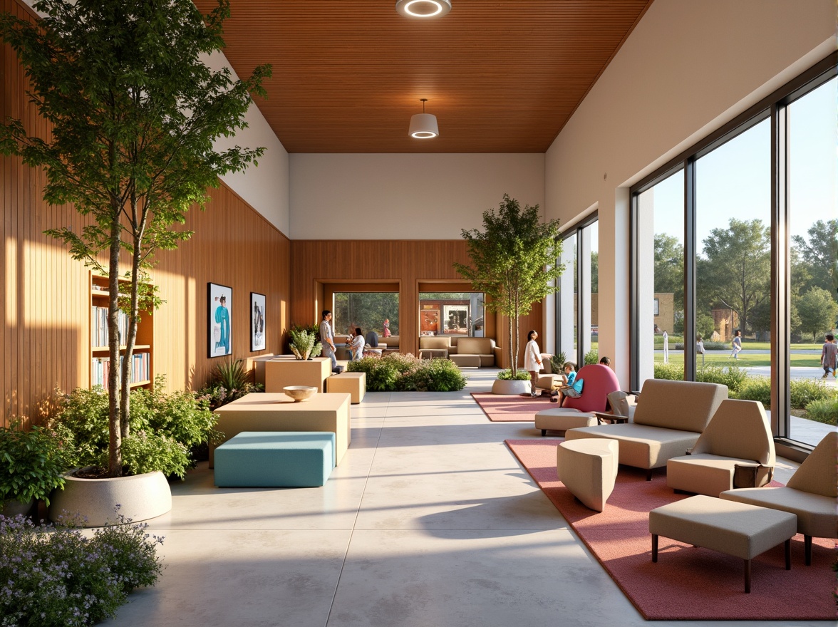 Prompt: Vibrant community center, warm earthy tones, rich wood accents, soft pastel colors, calming natural light, lush greenery, blooming flowers, educational signage, comfortable seating areas, collaborative workspaces, modern minimalist architecture, large windows, sliding glass doors, open floor plans, cozy reading nooks, soothing color scheme, balanced composition, 1/1 aspect ratio, warm soft lighting, subtle texture overlay.